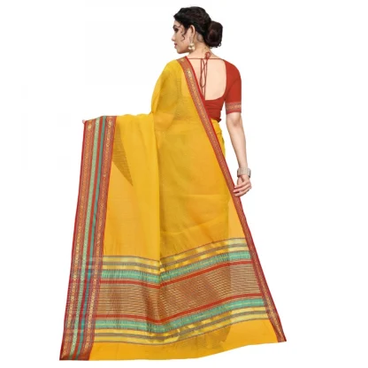 Generic Women's Kota Doria Cotton Bordered Saree With Blouse (Yellow, 5-6 Mtrs) - Image 2