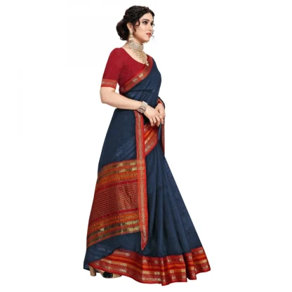 Generic Women's Kota Doria Cotton Bordered Saree With Blouse (Navy Blue, 5-6 Mtrs) - Image 4