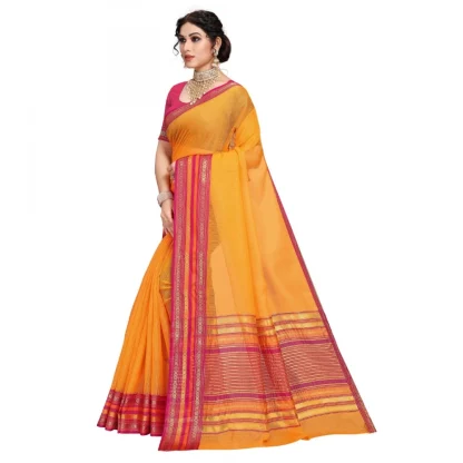 Generic Women's Kota Doria Cotton Bordered Saree With Blouse (Gold, 5-6 Mtrs) - Image 3