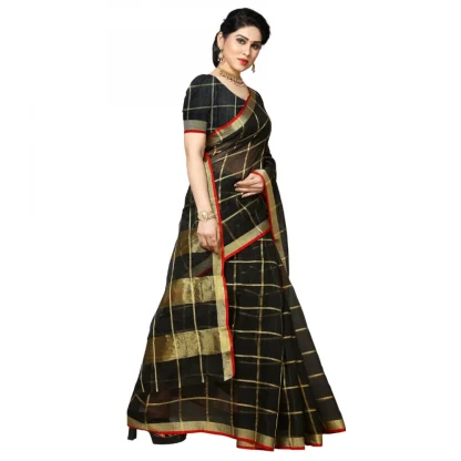 Generic Women's Kota Doria Cotton Checked Saree With Blouse (Black, 5-6 Mtrs) - Image 4