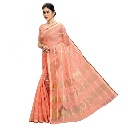 Generic Women's Kota Doria Cotton Checked Saree With Blouse (Peach, 5-6 Mtrs) - Image 3