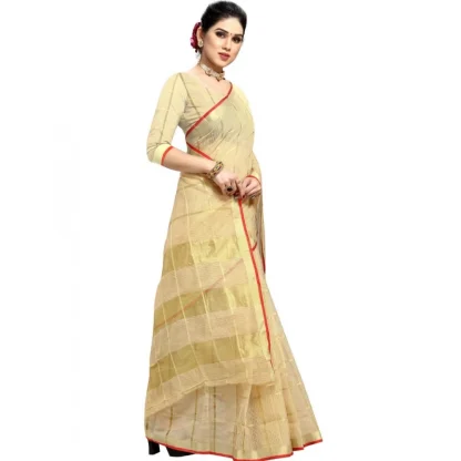 Generic Women's Kota Doria Cotton Checked Saree With Blouse (Beige, 5-6 Mtrs) - Image 5