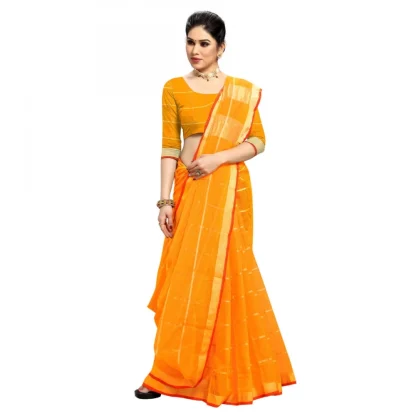 Generic Women's Kota Doria Cotton Checked Saree With Blouse (Yellow, 5-6 Mtrs) - Image 3