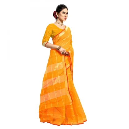 Generic Women's Kota Doria Cotton Checked Saree With Blouse (Yellow, 5-6 Mtrs) - Image 4