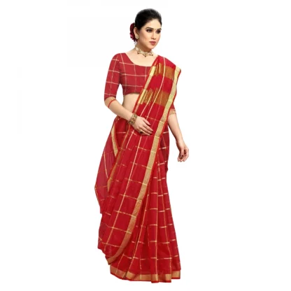 Generic Women's Kota Doria Cotton Checked Saree With Blouse (Red, 5-6 Mtrs) - Image 2