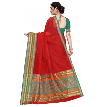 Generic Women's Kota Doria Cotton Bordered Saree With Blouse (Red, 5-6 Mtrs) - Image 2