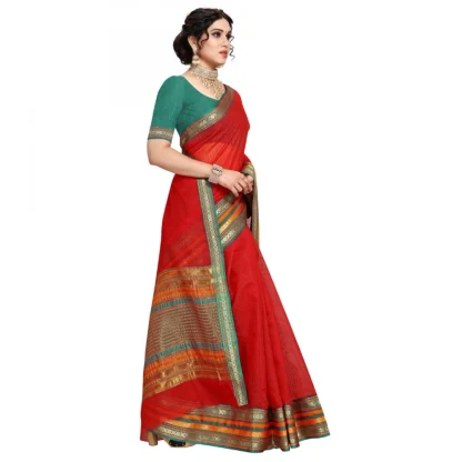 Generic Women's Kota Doria Cotton Bordered Saree With Blouse (Red, 5-6 Mtrs) - Image 3