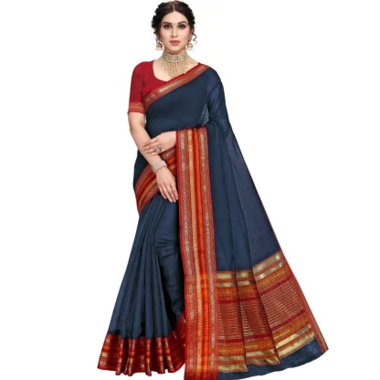 Generic Women's Kota Doria Cotton Bordered Saree With Blouse (Navy Blue, 5-6 Mtrs)