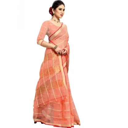 Generic Women's Kota Doria Cotton Checked Saree With Blouse (Peach, 5-6 Mtrs) - Image 4