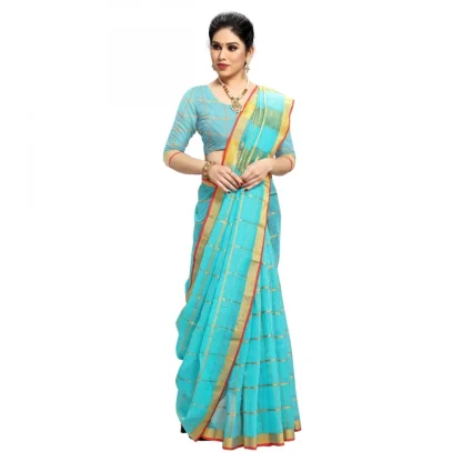 Generic Women's Kota Doria Cotton Checked Saree With Blouse (Sky Blue, 5-6 Mtrs) - Image 3