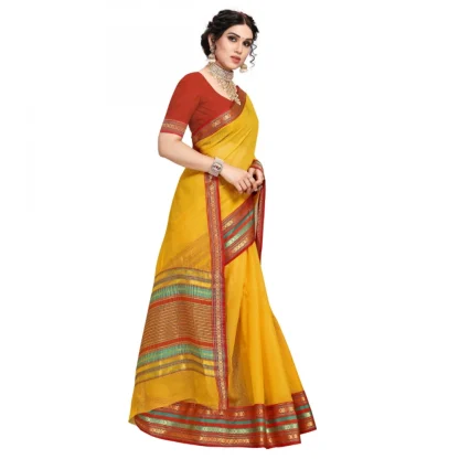 Generic Women's Kota Doria Cotton Bordered Saree With Blouse (Yellow, 5-6 Mtrs) - Image 3