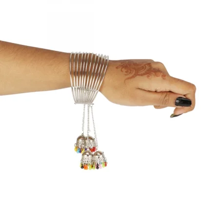 Stylish Oxidized Silver Bangle Bracelet With Hanging Jhumki (Color: Silver) - Image 2