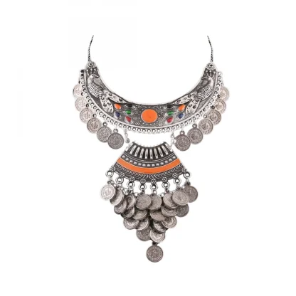 Designer Oxidised German Silver Tribal Necklace Pandeant Antique Necklace (Color: Silver)