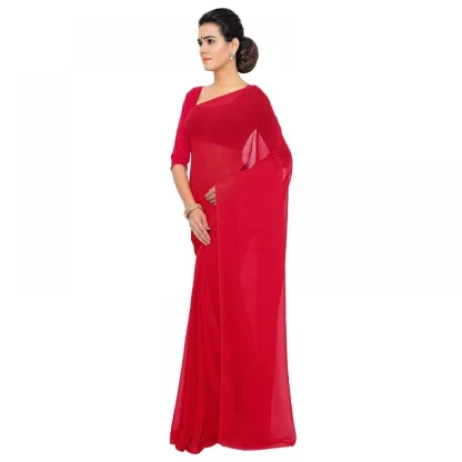 Generic Women's Georgette Plain Saree With Blouse (Red, 5-6 Mtrs) - Image 2