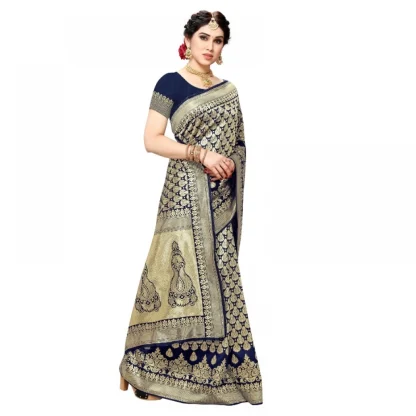 Generic Women's Jacquard Silk Kanjivaram Jacquard Silk Saree With Blouse (Navy Blue, 5-6 Mtrs) - Image 3