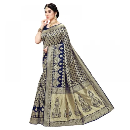 Generic Women's Jacquard Silk Kanjivaram Jacquard Silk Saree With Blouse (Navy Blue, 5-6 Mtrs) - Image 4