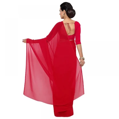 Generic Women's Georgette Plain Saree With Blouse (Red, 5-6 Mtrs) - Image 3