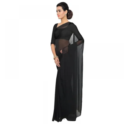 Generic Women's Georgette Plain Saree With Blouse (Black, 5-6 Mtrs) - Image 3