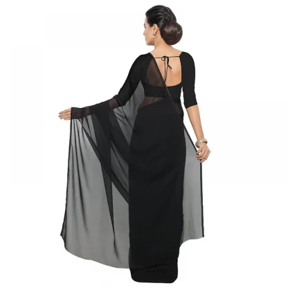 Generic Women's Georgette Plain Saree With Blouse (Black, 5-6 Mtrs) - Image 4