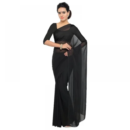 Generic Women's Georgette Plain Saree With Blouse (Black, 5-6 Mtrs)