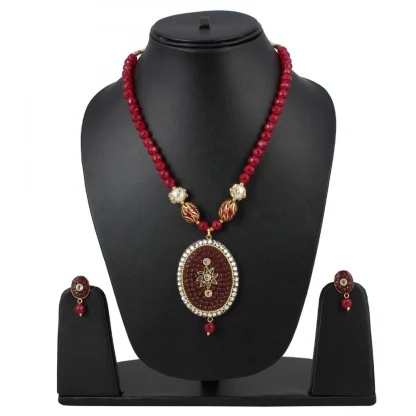 Women's Stylish Maroon Golde Plated Traditional Kundan Necklace Set with Earrings (Color: Red) - Image 4