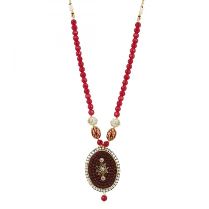 Women's Stylish Maroon Golde Plated Traditional Kundan Necklace Set with Earrings (Color: Red) - Image 3