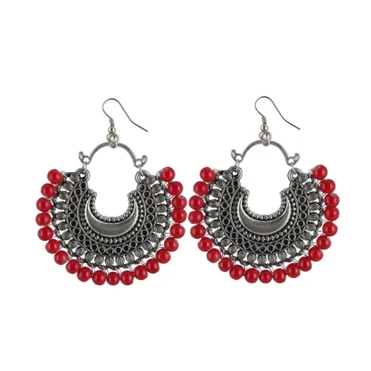 Women's Silver Plated Hook Dangler Hanging Beads Earring (Color: Red)