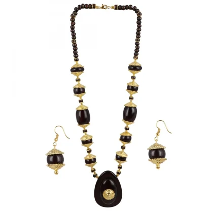 Women's Designer Dark Brown and Golden Beads South Style Necklace (Color: Black)