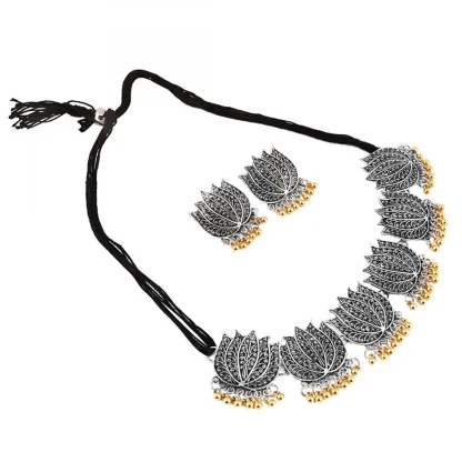 Antique Silver Oxidised Plated Tribal Afghani Necklace With Earrings Set For Women - Image 2