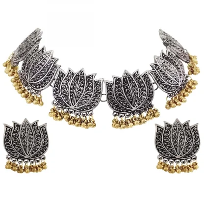 Antique Silver Oxidised Plated Tribal Afghani Necklace With Earrings Set For Women