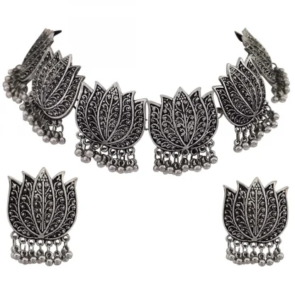 Antique Silver Oxidised Tribal Afghani Necklace With Earrings Set For Women