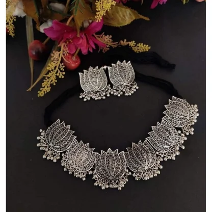 Antique Silver Oxidised Tribal Afghani Necklace With Earrings Set For Women - Image 2