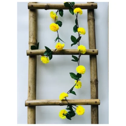 Artificial Yellow Chrysanthemum Dahlia Flower Vine Creeper With Big Green Leaves For Home Decoraton (Color: Yellow, Material: Silk Polyester) - Image 3