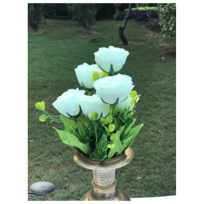 Artificial Flowers Bunch Bouquet Of 6 Garden Roses For Home Decoration (Color: White, Material: Silk Polyester)