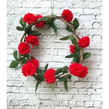 Artificial Red Chrysanthemum Dahlia Flower Vine Creeper With Big Green Leaves For Home Decoraton (Color: Red, Material: Silk Polyester)