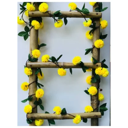 Artificial Yellow Chrysanthemum Dahlia Flower Vine Creeper With Big Green Leaves For Home Decoraton (Color: Yellow, Material: Silk Polyester) - Image 2