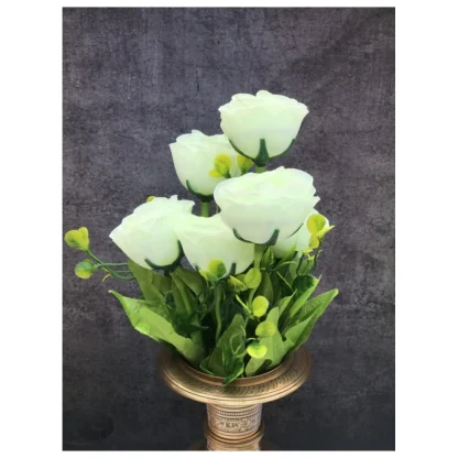 Artificial Flowers Bunch Bouquet Of 6 Garden Roses For Home Decoration (Color: White, Material: Silk Polyester) - Image 3