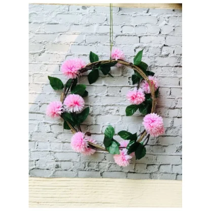 Artificial Light Pink Chrysanthemum Dahlia Flower Vine Creeper With Big Green Leaves For Home Decoraton (Color: LightPink, Material: Silk Polyester)