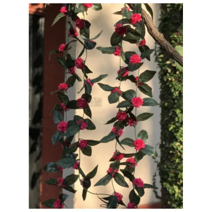 Artificial Dark Pink Marigold Genda Flower Vine Creeper With Big Green Leaves For Home Decoration (Color: DarkPink, Material: Silk Polyester) - Image 2