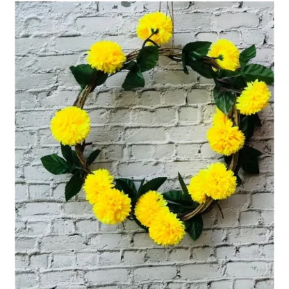 Artificial Yellow Chrysanthemum Dahlia Flower Vine Creeper With Big Green Leaves For Home Decoraton (Color: Yellow, Material: Silk Polyester)