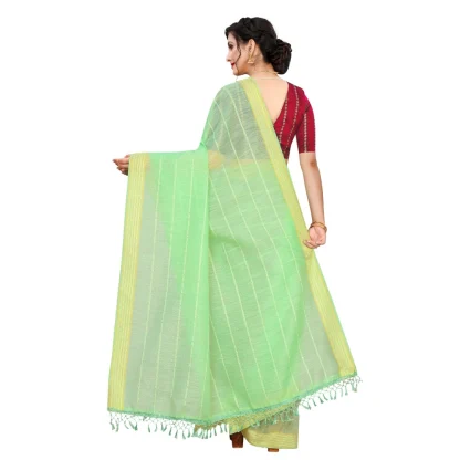 Women's Cotton Saree With Blouse (Parrot Green, 5-6Mtrs) - Image 2