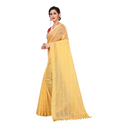 Women's Cotton Saree With Blouse (Yellow, 5-6Mtrs) - Image 3