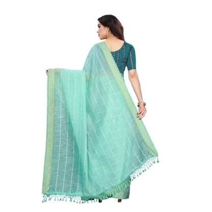 Women's Cotton Saree With Blouse (Rama, 5-6Mtrs) - Image 2