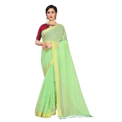 Women's Cotton Saree With Blouse (Parrot Green, 5-6Mtrs) - Image 4