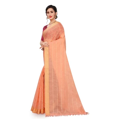 Women's Cotton Saree With Blouse (Orange, 5-6Mtrs) - Image 3