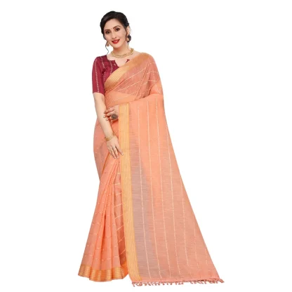 Women's Cotton Saree With Blouse (Orange, 5-6Mtrs) - Image 4