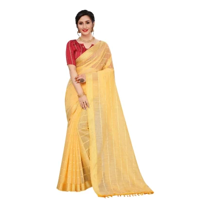 Women's Cotton Saree With Blouse (Yellow, 5-6Mtrs) - Image 4