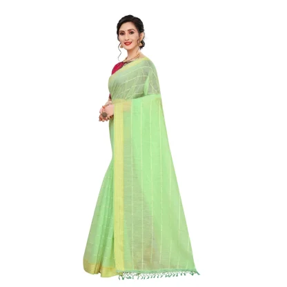 Women's Cotton Saree With Blouse (Parrot Green, 5-6Mtrs) - Image 3