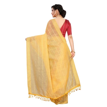 Women's Cotton Saree With Blouse (Yellow, 5-6Mtrs) - Image 2