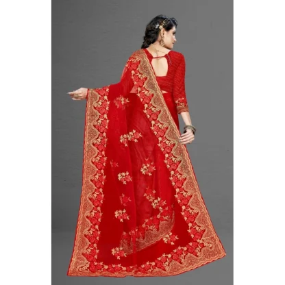 Women's Net Saree With Blouse (Red, 5-6Mtrs) - Image 2